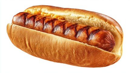 The delicious grilled hotdog served in a soft, golden bun.