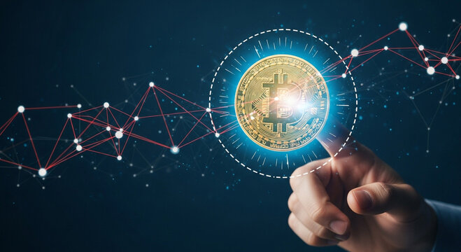 Person interacting with a glowing cryptocurrency network interface