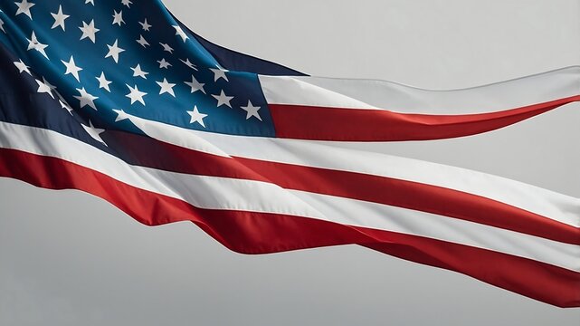 An American flag waves gently, its red and white stripes flowing against a soft gray background. - Powered by Adobe