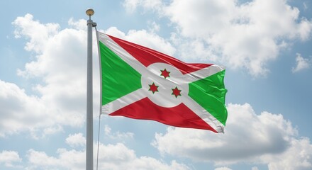 Burundi National Flag Waving on Tall Flagpole in Sky with Clouds – Burundi Independence Day Celebration, Patriotism, Freedom, Republic of Burundi Culture & Heritage