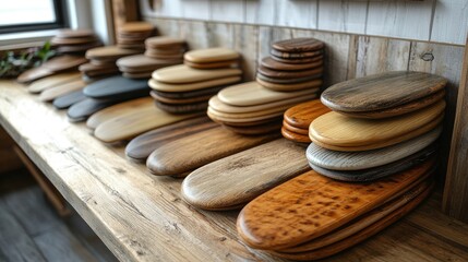 Assortment of Decorative Wooden Items Displayed on a Rustic Wooden Surface Beautiful Interior