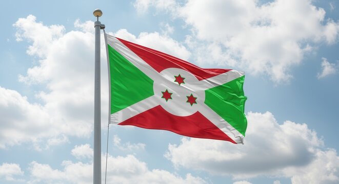 Burundi National Flag Waving on Tall Flagpole in Sky with Clouds – Burundi Independence Day Celebration, Patriotism, Freedom, Republic of Burundi Culture & Heritage - Powered by Adobe