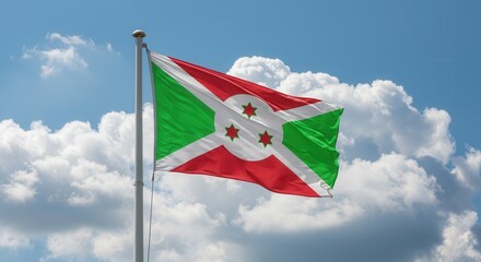 Burundi National Flag Waving on Tall Flagpole in Sky with Clouds – Burundi Independence Day Celebration, Patriotism, Freedom, Republic of Burundi Culture & Heritage