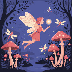 Vibrant cartoon agaric mushrooms in an autumn forest with magical leaves and grass