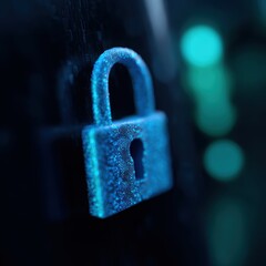 Cybersecurity concept: Digital padlock icon surrounded by abstract blue and green data code, on a dark, high-tech background. Secure network, digital protection. Detailed, futuristic.