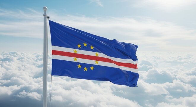 Cabo Verde National Flag Waving on Tall Flagpole in Sky with Clouds – Cabo Verde Independence Day Celebration, Patriotism, Freedom, Republic of Cabo Verde Culture & Heritage - Powered by Adobe