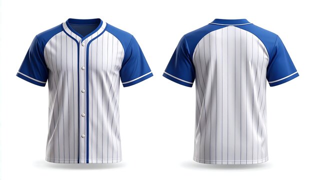 Baseball jersey mockup with pinstripes and blue sleeves, representing team sports apparel.