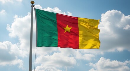 Cameroon National Flag Waving on Tall Flagpole in Sky with Clouds – Cameroon Independence Day Celebration, Patriotism, Freedom, Cameroon African Culture & Heritage