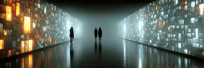 Silhouettes walking through illuminated digital corridor
