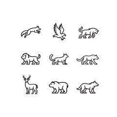 Iconic Wildlife Collection: A minimalist collection of animal icons, from the agile fox and soaring eagle to the majestic lion and sturdy bear, offering a sleek, modern design.