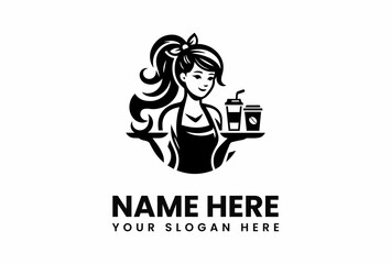 Smiling Barista Serving Coffee Drinks on a Tray Logo Design Concept.