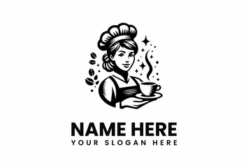 Smiling Female Chef Serving Aromatic Coffee in Vintage Style.