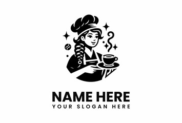 Smiling Chef Woman with Braided Hair Serving Hot Coffee Stars and Coffee Bean.