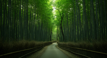 Fototapeta premium Serene Path Through a Lush Bamboo Forest Grove.