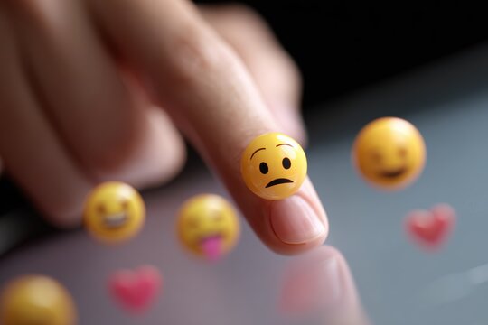 Person reacting to online content with various emojis on a screen, emotional response. Digital interaction, expression.