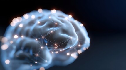 Abstract background of glowing data points connected to a central brain, representing knowledge network. AI learning, intelligence.