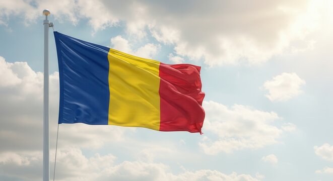 Romania National Flag Waving on Tall Flagpole in Sky with Clouds – Romania Independence Day Celebration, Patriotism, Freedom, Romania Culture & Heritage