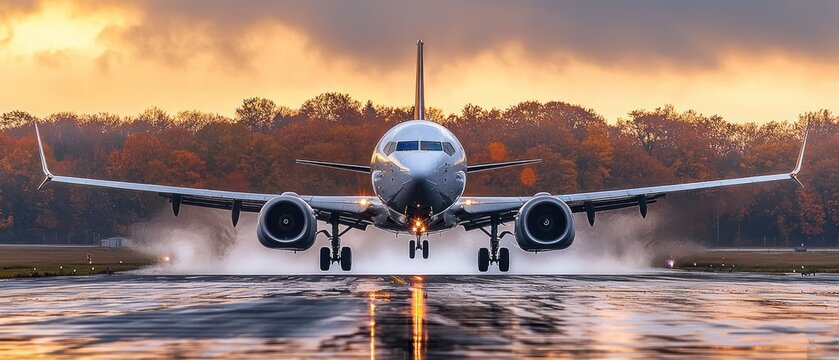 Boeing 737 Landing at Sunset: A Breathtaking Autumn Aerial View