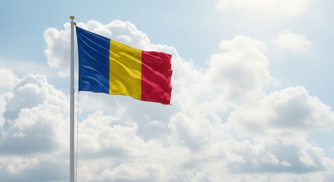 Chad National Flag Waving on Tall Flagpole in Sky with Clouds – Chad Independence Day Celebration, Patriotism, Freedom, Chad Culture & Heritage
