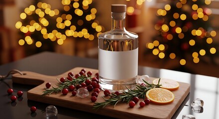 A bottle of gin with a blank label, surrounded by festive cocktail ingredients like cranberries and rosemary, with a warm, blurry holiday party background.
