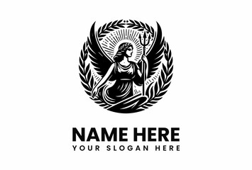 Winged Goddess with Laurel Wreath and Trident Black and White Emblem.