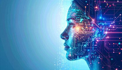 Conceptual close-up of a face split between human and AI circuits, showing emotional expression and futuristic duality.