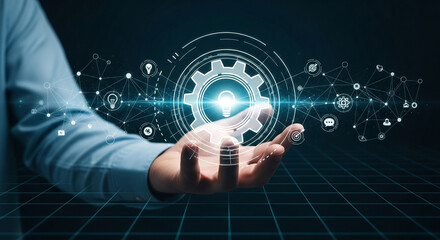 Person presenting a glowing technological interface with network connections