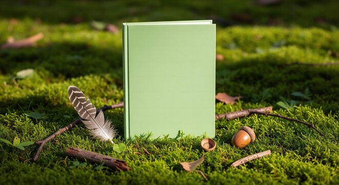 A beautiful mockup of a blank, light green, hardcover book, standing on a bed of beautiful, lush, green moss with a few forest elements.