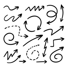 Hand-drawn vector arrows set featuring a variety of playful and dynamic styles including wavy, zigzag, spiral, dashed, and curved lines