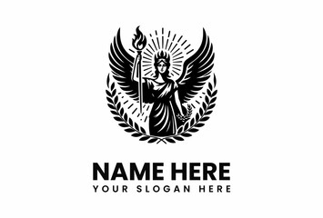 Winged Goddess with Torch and Laurel Wreath Emblem Design.