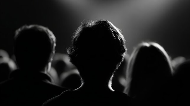 Audience in a dimly lit theater, silhouettes captivated by a performance on stage. Live event, emotion. Atmospheric.