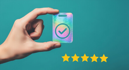 Person displaying a holographic badge with a checkmark and five stars