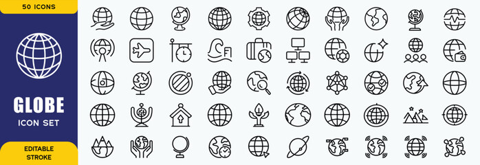 Globe Line Editable Icons set. Vector illustration in modern thin line style of Earth related icons: ecology, care, location, and more. Isolated on white background