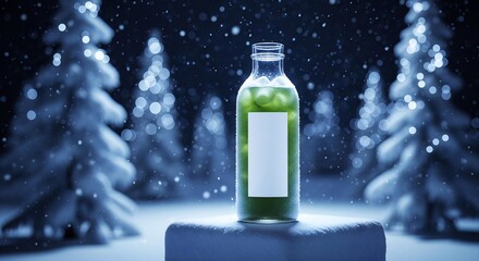 A minimalist bottle of iced green tea with a blank label, set in a magical, snowy forest at night with sparkling lights.