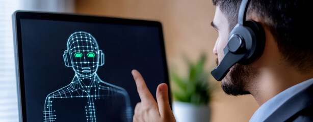 Businessman Interacting with Virtual Digital Human Representation Using Headset and Computer Screen