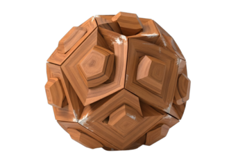 Intricate terracotta polyhedron with layered wood texture
