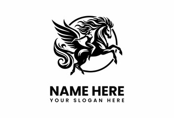 Winged Horse with Female Rider in Silhouette encircled by a simple line.