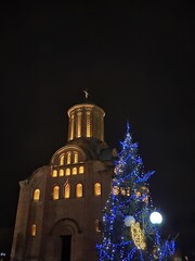Pyatnitsa Church illuminated with Christmas lights