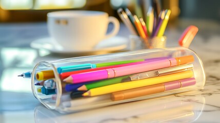Naklejka premium A transparent pencil case filled with colorful gel pens, highlighters, and mechanical pencils, placed on a marble countertop with a cup of coffee in the background. The scene is chic and stylish.