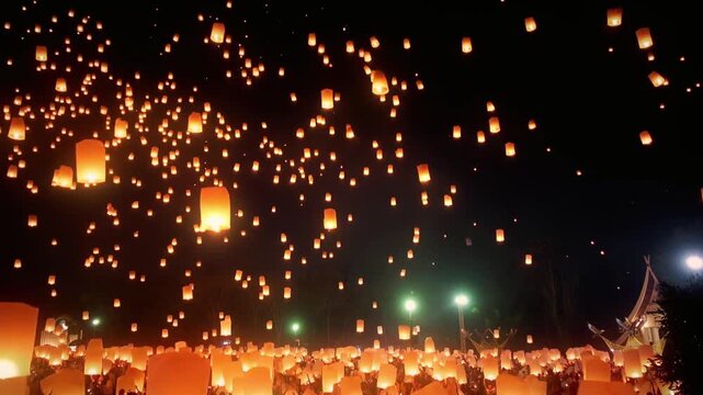 Many paper lanterns flying in the night sky during a festival