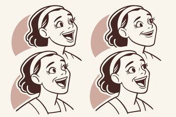 Retro Cartoon Illustration Four Smiling Women with Headbands Looking Upward with Joyful Expressions