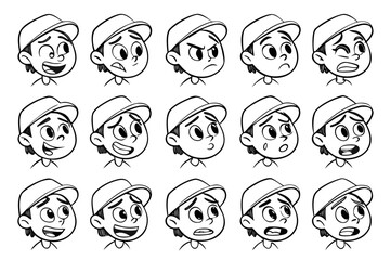 Cartoon Boy with Baseball Cap A Collection of Expressive Facial Expressions and Emotions