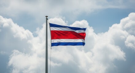 Costa Rica National Flag Waving on Tall Flagpole in Sky with Clouds – Costa Rica Independence Day Celebration, Patriotism, Freedom, Costa Rica Culture & Heritage