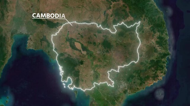Zoom from Earth to Cambodia. Glow outline map animation satellite view with highlighted country borders. Cinematic documentary 3d world map animation highlights aerial views, tourism, and travel. 4k