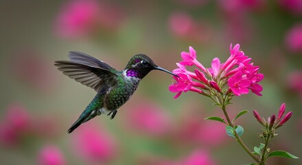 Beautiful hummingbird feeding on pink flowers nature photography wildlife bird watching garden nectar seeking shot