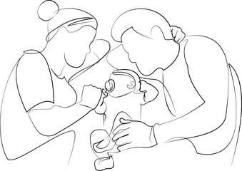 One continuous line drawing on white isolated background. Minimalism linear illustration. child, mother, father, woman, care, family, man, newborn, indoor, lie in bed, sleep