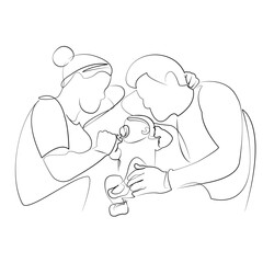 One continuous line drawing on white isolated background. Minimalism linear illustration. child, mother, father, woman, care, family, man, newborn, indoor, lie in bed, sleep