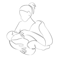 One continuous line drawing on white isolated background. Minimalism linear illustration. mother, children, woman, breastfeed, care, newborn, milk, breast