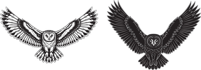 Vector art of two owls flying with wings spread, one light and one dark, isolated on white background © msmdesign