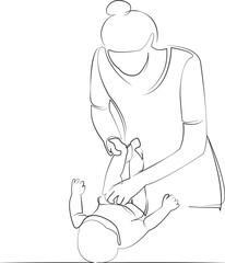 One continuous line drawing on white isolated background. Minimalism linear illustration. mother, child, diaper, childhood, care, change, newborn, nappies